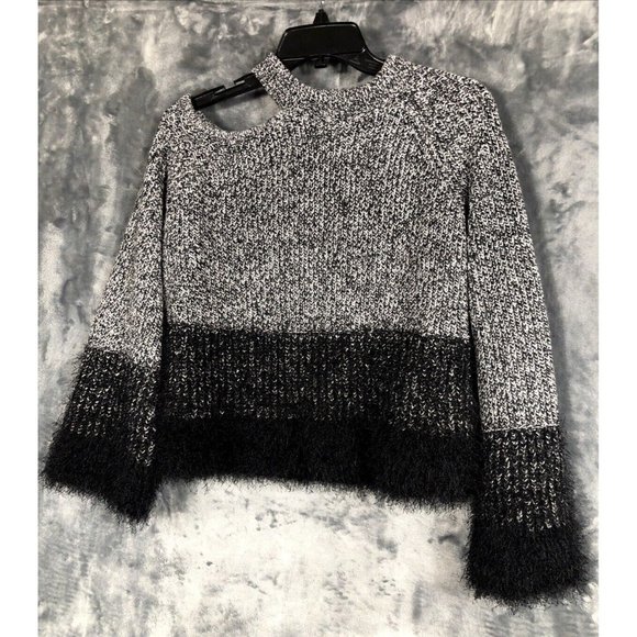 Black Sweaters - 1. State Ladies Black and White Sweater Fuzzy Trim Sleeves and Waist Size Small